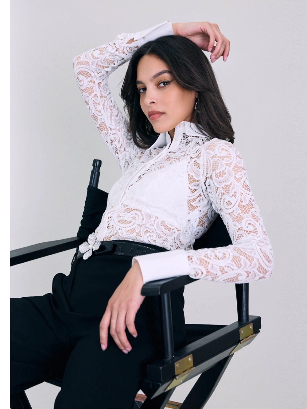 Anne Fontaine White Sheer Lace Button-Up Blouse